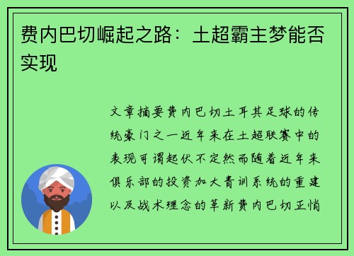 费内巴切崛起之路：土超霸主梦能否实现