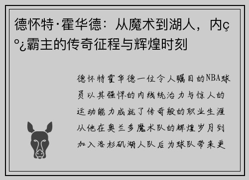 德怀特·霍华德：从魔术到湖人，内线霸主的传奇征程与辉煌时刻